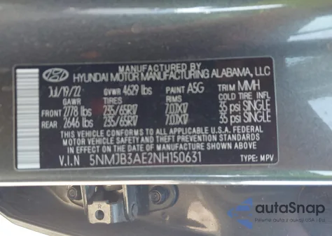 2022 Hyundai Tucson Sel z USA, uszkodzony, nr VIN 5NMJB3AE2NH150631